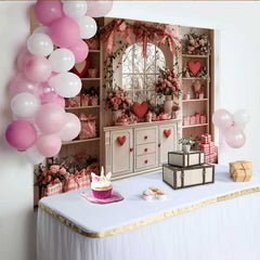 Lofaris Valentine's Day Backdrop, Pink Bows Red Hearts White Cabinet Floral Window