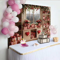 Lofaris Valentine's Day Backdrop, Red Gingham Gifts Floral Window Love Heart Decor
