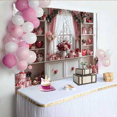 Lofaris Valentine's Day Backdrop, Pink Gingham Curtain Floating Hearts Floral Room