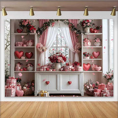 Lofaris Valentine's Day Backdrop, Pink Gingham Curtain Floating Hearts Floral Room