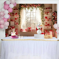 Lofaris Valentine's Day Backdrop, White and Red Heart Gift Boxes Floral Window Prop
