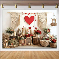 Lofaris Valentine's Day Backdrop, Boho Macrame Red Heart Rustic Wood Wall Decoration