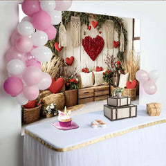 Lofaris Valentine's Day Backdrop, Boho Rustic Barn Hay Bales Floral Heart Macrame Prop