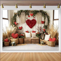 Lofaris Valentine's Day Backdrop, Boho Rustic Barn Hay Bales Floral Heart Macrame Prop