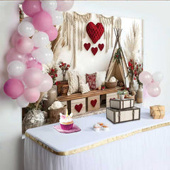 Lofaris Valentine's Day Backdrop, Boho Teepee Tent Red Heart Pampas Grass Decoration