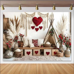 Lofaris Valentine's Day Backdrop, Boho Teepee Tent Red Heart Pampas Grass Decoration