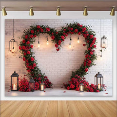 Lofaris Valentine's Day Backdrop, Rustic White Brick Wall Floral Heart Wreath Lanterns