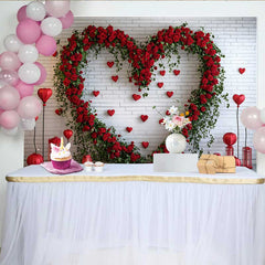 Lofaris Valentine's Day Backdrop, Red Rose Floral Heart White Brick Wall Red Lanterns