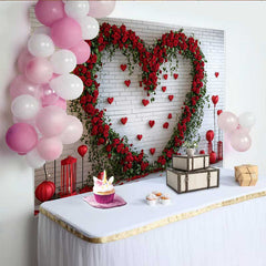 Lofaris Valentine's Day Backdrop, Red Rose Floral Heart White Brick Wall Red Lanterns