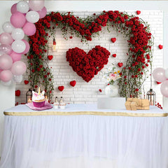 Lofaris Red Rose Heart Arch Backdrop, White Brick Wall Floral Valentine's Day Wedding Party Decoration, Romantic Photo Studio Prop