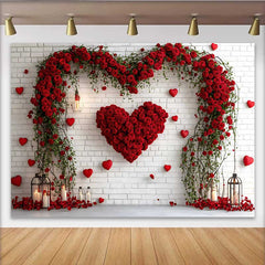 Lofaris Red Rose Heart Arch Backdrop, White Brick Wall Floral Valentine's Day Wedding Party Decoration, Romantic Photo Studio Prop