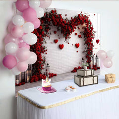 Lofaris Red Floral Heart Arch Backdrop, White Brick Wall with Hanging Hearts for Valentine's Day Wedding, Romantic Party Background