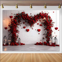 Lofaris Red Floral Heart Arch Backdrop, White Brick Wall with Hanging Hearts for Valentine's Day Wedding, Romantic Party Background