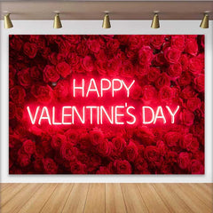 Lofaris Neon Happy Valentine's Day Backdrop, Red Rose Flower Wall for Romantic Celebration, Floral Wedding Photography Background