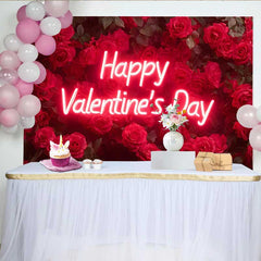 Lofaris Neon Script Happy Valentine's Day Backdrop, Deep Red Rose Wall for Romantic Anniversary, Floral Wedding Party Decoration