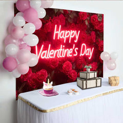 Lofaris Neon Script Happy Valentine's Day Backdrop, Deep Red Rose Wall for Romantic Anniversary, Floral Wedding Party Decoration