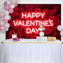 Lofaris Neon Text Happy Valentine's Day Backdrop, Red Rose Floral Field for Wedding Party, Romantic Photography Studio Background