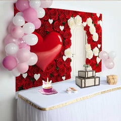Lofaris Red Rose Wall Backdrop with White Door, 3D Heart and Floral Wedding Decoration, Romantic Valentine's Day Photography Prop