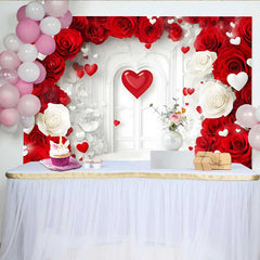 Lofaris White Arch Door Floral Backdrop, Red and White Roses for Valentine's Day Wedding, Romantic Photography Studio Background