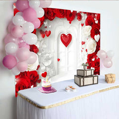 Lofaris White Arch Door Floral Backdrop, Red and White Roses for Valentine's Day Wedding, Romantic Photography Studio Background