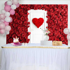 Lofaris Red Rose Wall Backdrop with White Door, Floral Heart Wreath for Valentine's Day, Romantic Wedding Photography Background