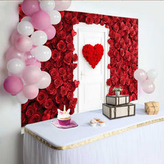 Lofaris Red Rose Wall Backdrop with White Door, Floral Heart Wreath for Valentine's Day, Romantic Wedding Photography Background