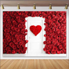 Lofaris Red Rose Wall Backdrop with White Door, Floral Heart Wreath for Valentine's Day, Romantic Wedding Photography Background