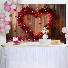 Lofaris Valentine's Day Backdrop, Rustic Wood Red Rose Heart String Lights Decor