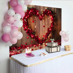 Lofaris Valentine's Day Backdrop, Rustic Wood Red Rose Heart String Lights Decor