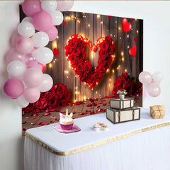 Lofaris Red Rose Heart Valentines Day Backdrop, Glowing Fairy Lights and Rustic Wood Party Decoration