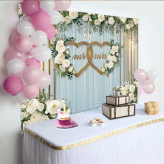 Lofaris Mr and Mrs Double Gold Hearts Wedding Backdrop, White Floral and Blue Wood Party Decoration