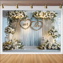 Lofaris Mr and Mrs Wedding Backdrop with White Roses and Lanterns, Gold Hearts Reception Decoration