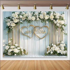Lofaris Arched White Floral Mr and Mrs Wedding Backdrop, Gold Hearts Ceremony Party Decoration