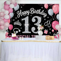 Lofaris Pink and Silver 13th Birthday Backdrop, Official Teenager 13 Tiara and Pearls Party Decoration