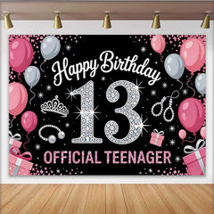 Lofaris Pink and Silver 13th Birthday Backdrop, Official Teenager 13 Tiara and Pearls Party Decoration