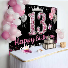Lofaris Pink Glitter 13th Birthday Backdrop, Official Teenager 13 Silver Crown Party Decoration