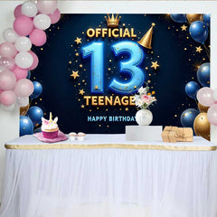 Lofaris 3D Blue and Gold 13th Birthday Backdrop, Official Teenager 13 Royal Milestone Party Decoration