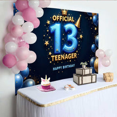 Lofaris 3D Blue and Gold 13th Birthday Backdrop, Official Teenager 13 Royal Milestone Party Decoration