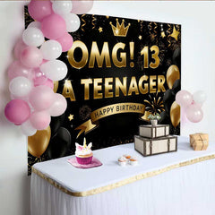 Lofaris Gold and Black OMG 13th Birthday Backdrop, 13 A Teenager Milestone Party Decoration