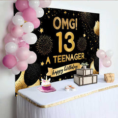 Lofaris Gold Glitter OMG 13th Birthday Backdrop, 13 A Teenager Milestone Party Decoration