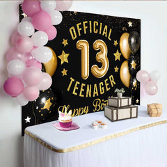 Lofaris Gold Glitter Official 13 Teenager Backdrop, Black and Gold 13th Birthday Milestone Party Decoration