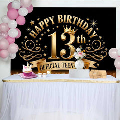 Lofaris Royal Gold 13th Birthday Official Teenager Backdrop, Golden Crown and Elegant Swirls Party Decor