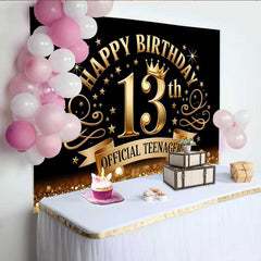 Lofaris Royal Gold 13th Birthday Official Teenager Backdrop, Golden Crown and Elegant Swirls Party Decor