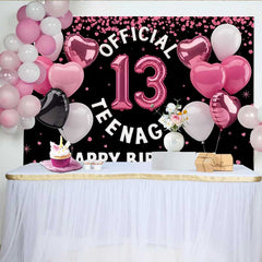 Lofaris Pink Heart Balloons 13th Birthday Backdrop, Official 13 Teenager Girl Milestone Party Decoration