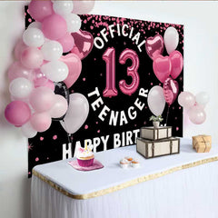 Lofaris Pink Heart Balloons 13th Birthday Backdrop, Official 13 Teenager Girl Milestone Party Decoration