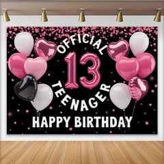 Lofaris Pink Heart Balloons 13th Birthday Backdrop, Official 13 Teenager Girl Milestone Party Decoration