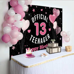 Lofaris Pink Glitter Hearts 13th Birthday Backdrop, Official 13 Teenager Milestone Party Decoration