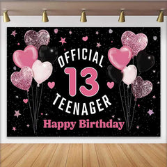 Lofaris Pink Glitter Hearts 13th Birthday Backdrop, Official 13 Teenager Milestone Party Decoration