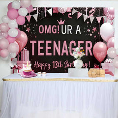 Lofaris Pink and Black OMG UR A TEENAGER Backdrop, 13th Birthday Milestone Party Decoration