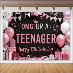 Lofaris Pink and Black OMG UR A TEENAGER Backdrop, 13th Birthday Milestone Party Decoration